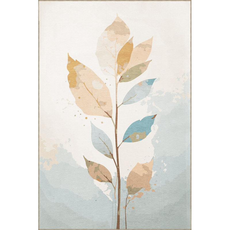 Tapis décoratif beige moderne à motif de feuilles lavable à la machine, Rectangle 4 pi 7 po x 6 pi 7 po