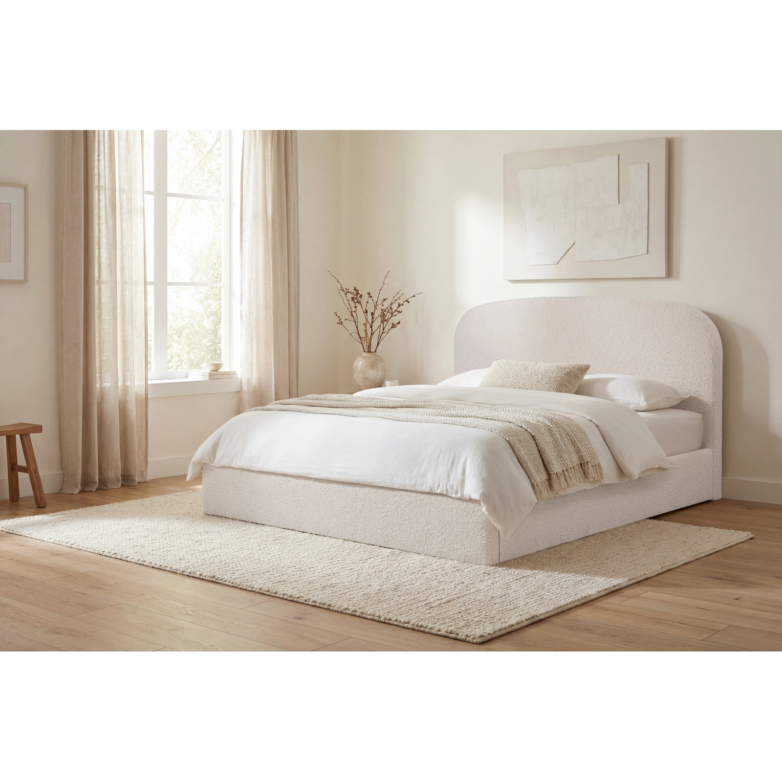 Nordic Upholstered Round Bed, Ivory Boucle, Queen