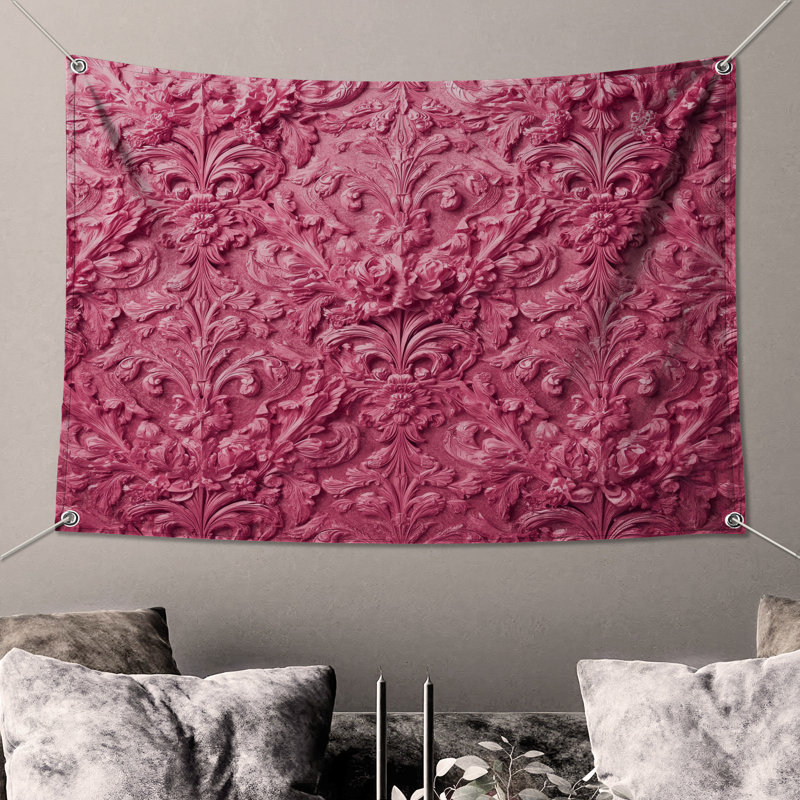 Tapisserie murale rose damassé ornée - décoration murale damassé, 50in H x60in W with 4 Grommets