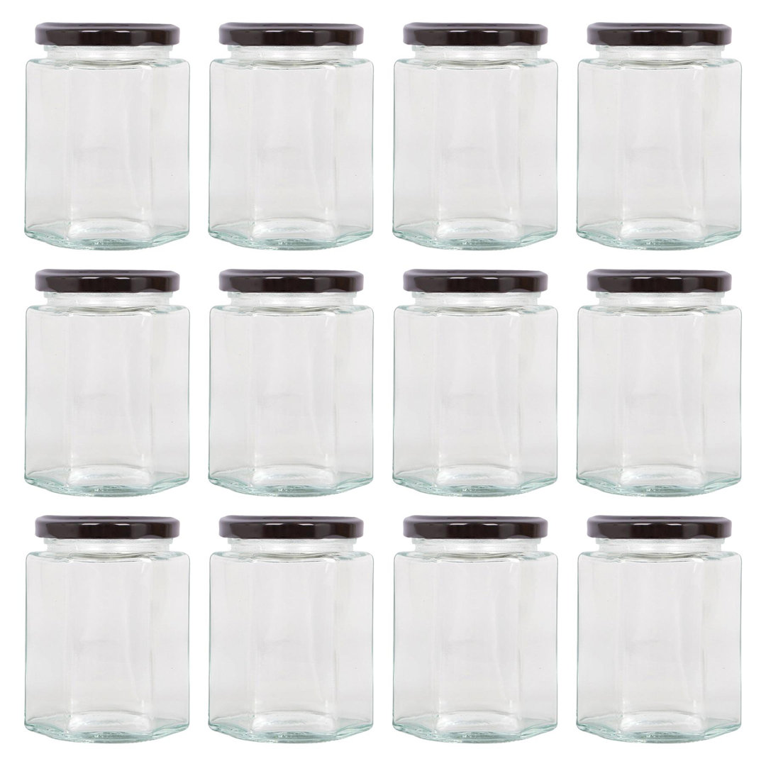 B&Q -  250Ml Glass Jam Jars With Black LidsSet Of 12 Hexagonal Empty Screw Top Kitchen Storage Preserving Jar - Image 2
