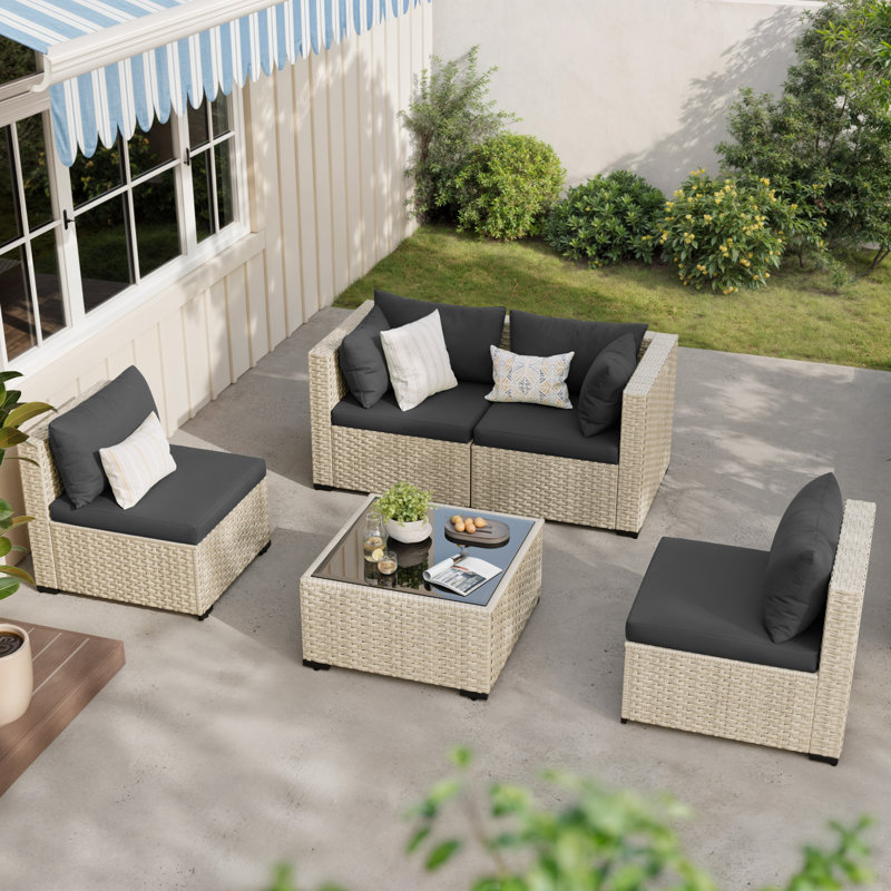 5 Piece Patio Conversation Set With Coffee Table And Cushions, Black