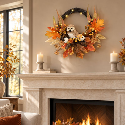 Couronne d'automne lumineuse de 45 cm (18 pouces) avec citrouille et hibou, idéale pour la porte d'entrée.