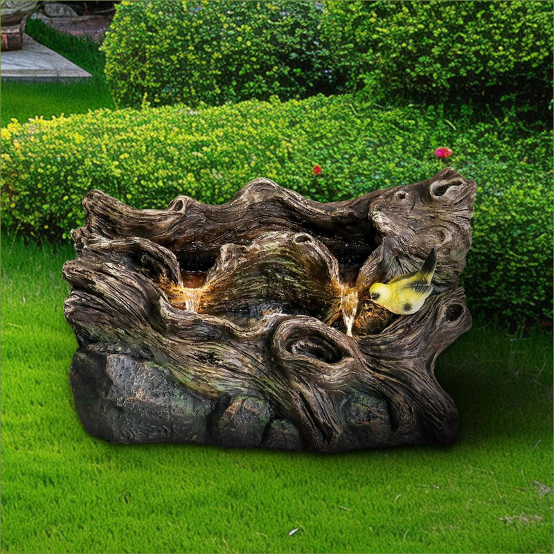 Fontaines | Fontaine d'extérieur 14,1 "à tronc d'arbre pour patio, pompe réglable, sans assemblage | Brun clair | Béton / ciment