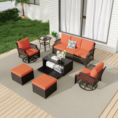 7 Piece Patio Furniture Set, Wicker Outdoor Conversation Sofa Set With Swivel Chairs, 2 Ottomans, Storage Coffee Table
