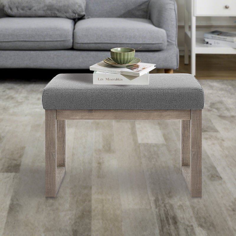 Banc repose-pieds rectangulaire de 27 pouces de largeur, repose-pieds en tissu d'aspect lin gris avec structure en bois massif, banc rembourré pour le salon, la chambre à coucher et le vestibule