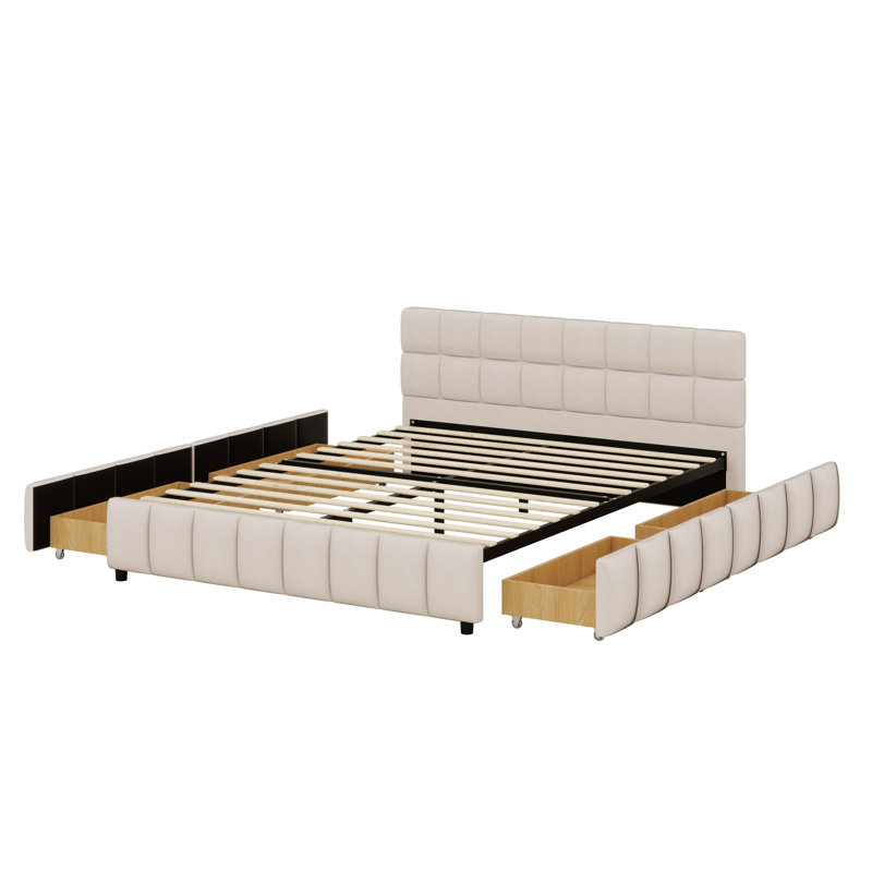 Structure de lit moderne tapissier avec 4 tiroirs de rangement et tête de lit capitonnée à blocs, Beige