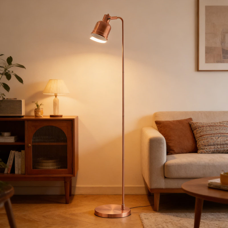 Lampe sur pied à DEL moderne en cuivre de 57 pouces avec interrupteur au pied, lampe de lecture réglable pour le salon ou la chambre à coucher, comprend une ampoule à DEL écoénergétique, homologuée UL