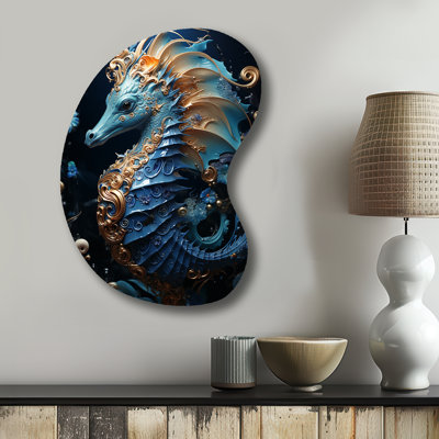 Sapphire Seahorse Delicate Drips II - asymétrique hippocampe en métal, reproduction de sculpture murale en métal de forme unique