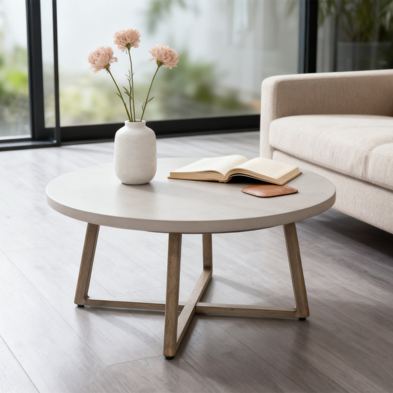 Patio 31.5"L Round Aluminum Coffee Table With Concrete Tabletop
