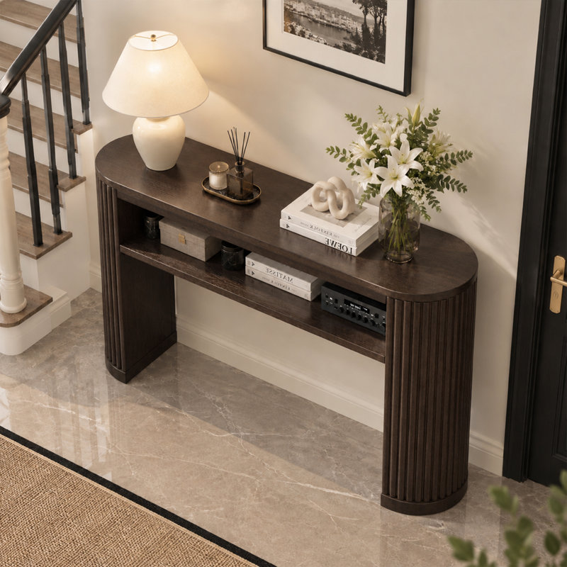 Console rustique, canapé d'entrée de style campagnard avec pieds cannelés, plateau en placage de frêne, Espresso