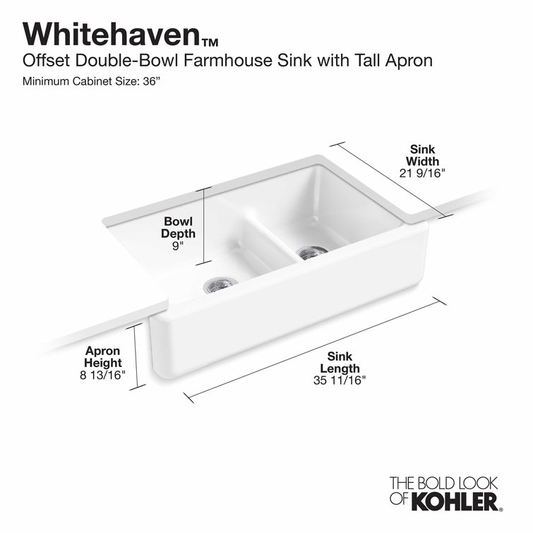 KOHLER Whitehaven 35.5-in x 21.56-in White Double Offset Bowl Tall (8-in or Larger) Drop-In Apron Front/Farmhouse Residential Kitchen Sink KOHLER Whitehaven 35.5-in x 21.56-in White Double Offset Bowl Tall (8-in or Larger) Drop-In Apron Front/Farmhouse Residential Kitchen Sink