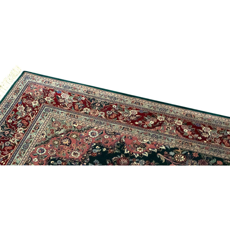 Tapis vert foncé / rouge / ivoire en laine noué à la main de conception unique 5 pi 11 po x 9 pi 10 po