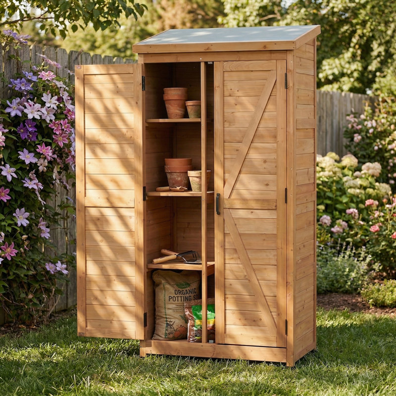 Abri de jardin en bois de sapin, armoire à outils verticale haute avec toit métallique incliné, étagères réglables et double porte, idéale pour jardin, terrasse ou pelouse.