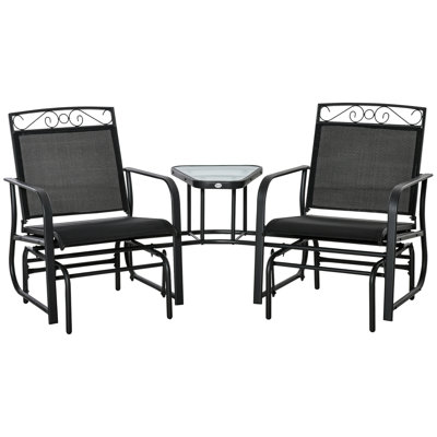 Relaxing Double Seat Steel Glider With Table For Porch And Patio, Black Elegance