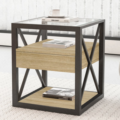 Ensemble de 2 tables de bout modernes avec tiroir - table de chevet pour chambre à coucher et salon, panneau de fibres à densité moyenne en bois naturel et plateau en verre trempé, table d'appoint de style industriel
