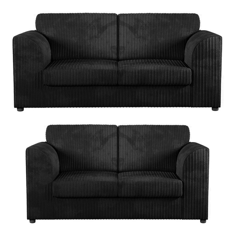 Soft Fabric Jumbo Cord 3 and 2 Seater Upholstered High Back Cushion Living Room Sets, Black