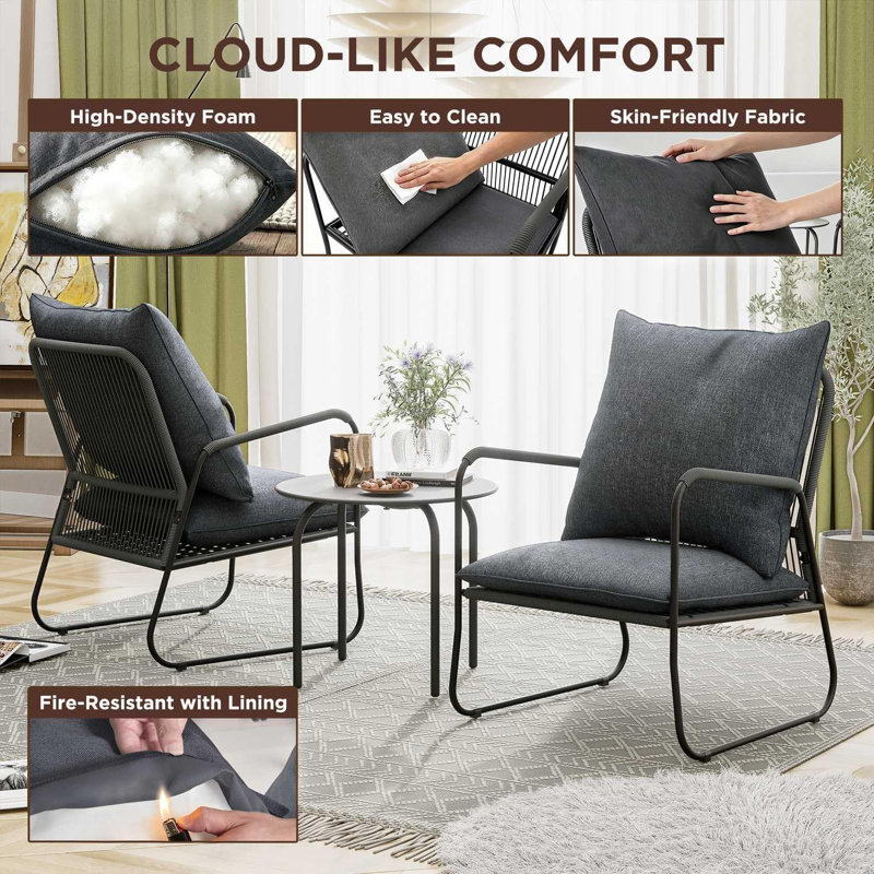 Garden Bistro Set, Breathable Woven PE Rattan Chairs with Coffee Table, Outdoor Patio Furniture Set for Garden, Grey, Grey