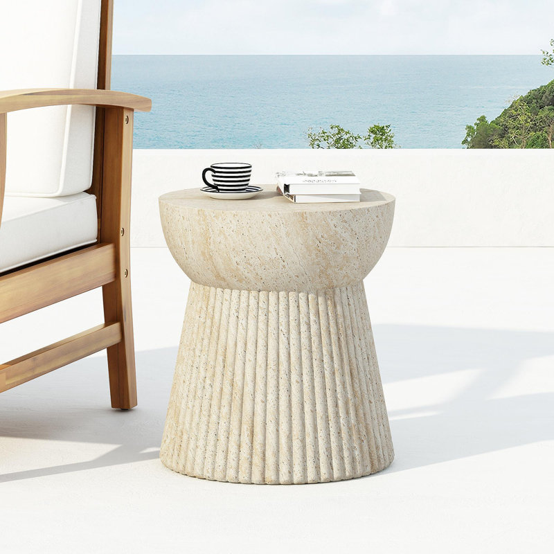 Outdoor Travertine Concrete Side Table, Beige