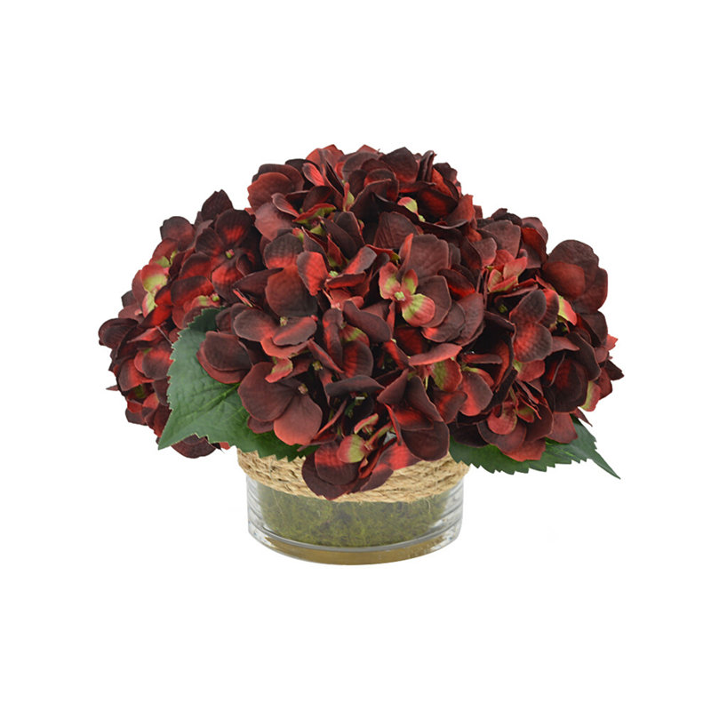 Cream Hydrangea in Rope Glass Vase, Burgundy
