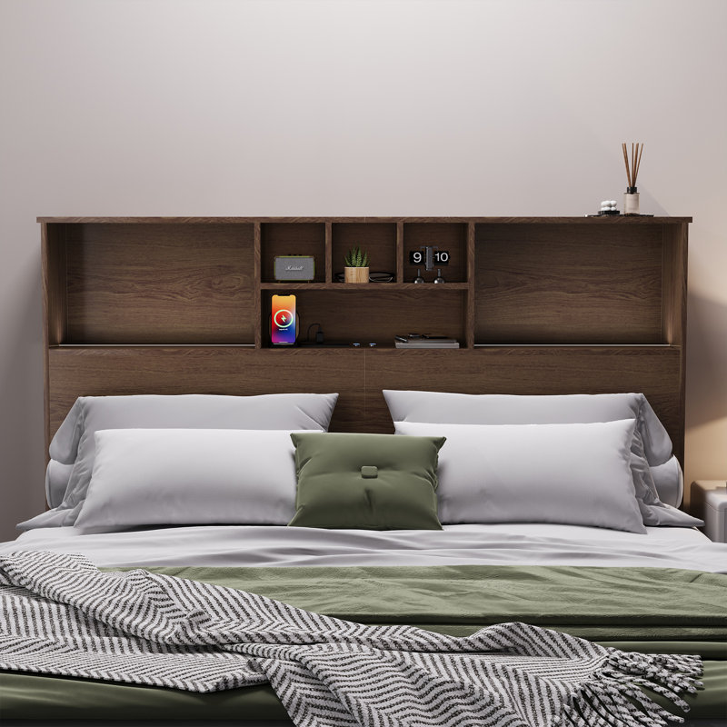 Modern Wooden Bookcase Headboard with Adjustable LED Lights & Charging Station – Queen & King Sizes, Scroll Down for Assembly Video
