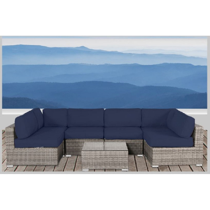 Ensemble de conversation pour 6 personnes avec coussins Euporie Wicker, Sunbrella bleu marine