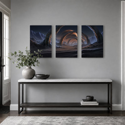 "Alien Landscape" avec planètes annelées et arches de pierre, ensemble de 3 toiles