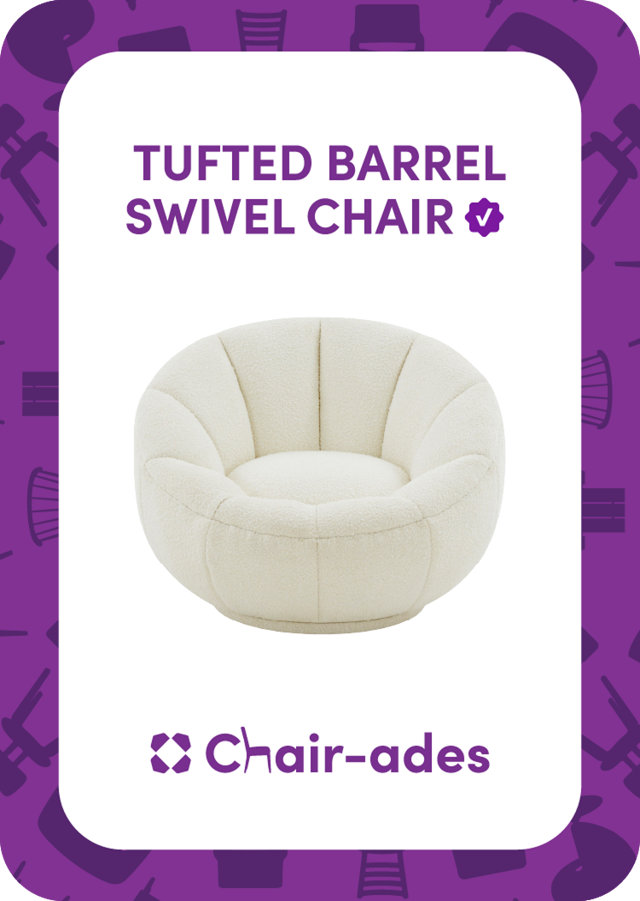 Tufted barrel swivel chair with Chair-ades logo
