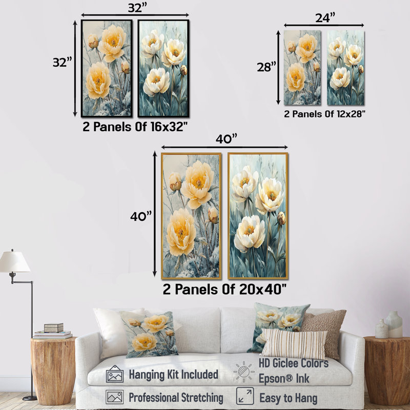 Pivoines d'hiver dans la prairie givrée I - décoration murale en toile florale 2 panneaux, Cadre flottant doré