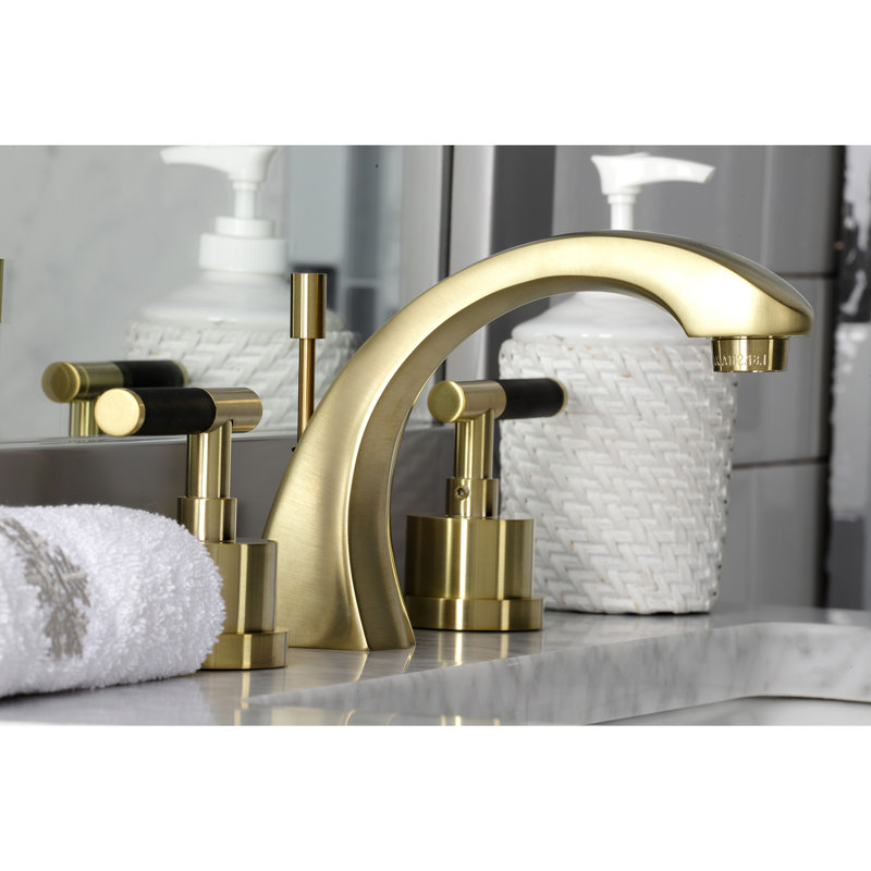 Kingston Brass Kaiser Two-Handle 3-Hole Deck Mount Widespread Bathroom Faucet with Brass Pop-Up Drain, Brushed Brass