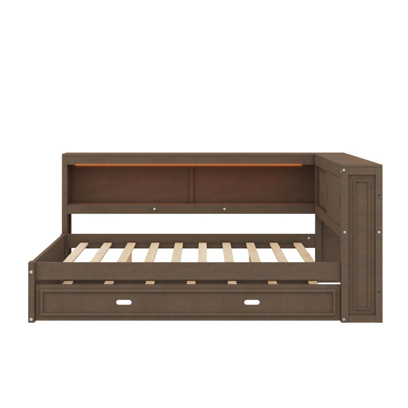 Full-Size Wooden Daybed With Built-In Shelves USB Ports LED Lighting And Pull-Out Trundle, Antique Wood