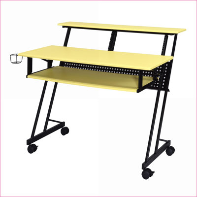 Desks, Modern Music Studio Desk with Keyboard Tray &amp; Caster Wheels | Yellow &amp; Black | Wood + Metal