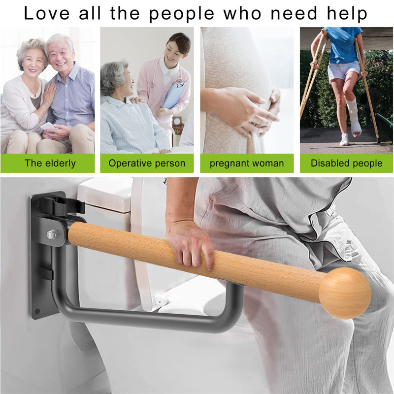 Horowitz Toilet Safety Bar, Foldable Toilet Grab Bar, Wall Mounted Wooden Handicap Grab Bar For Bathroom. Non-Slip And Waterproof Comfty Grip Bar For Disabled Elderly Pregnant, 1PCS