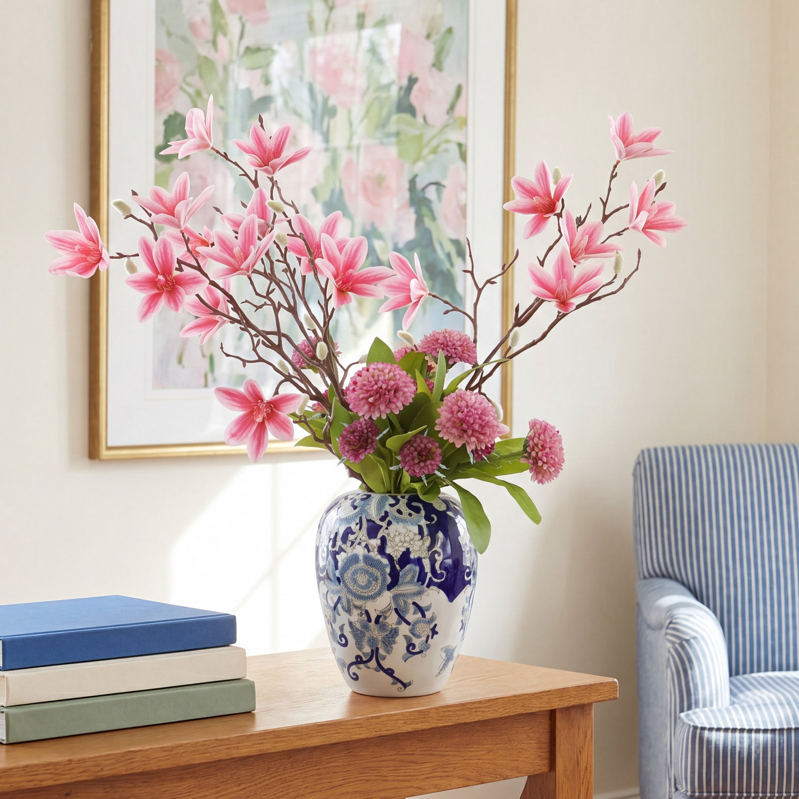 Magnolia and Dahlia Arranged in a Decorated Ceramic Vase
