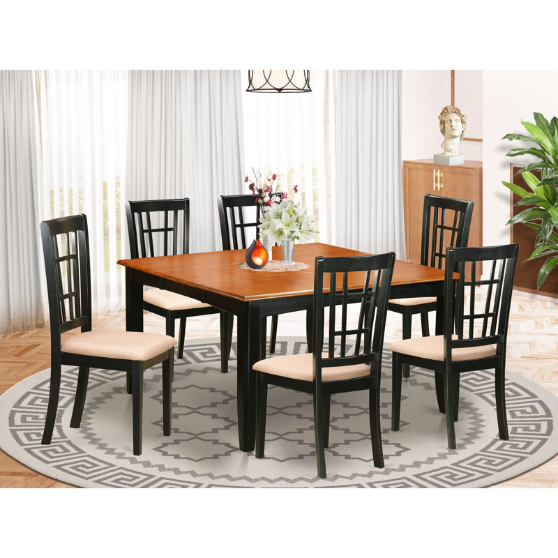 Ensemble de table de salle à manger 7 pièces moderne composé d'une table carrée en bois avec feuille papillon et 6 chaises en lin