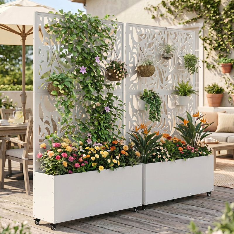 Metal Planter Box with Trellis (Set of 2), White
