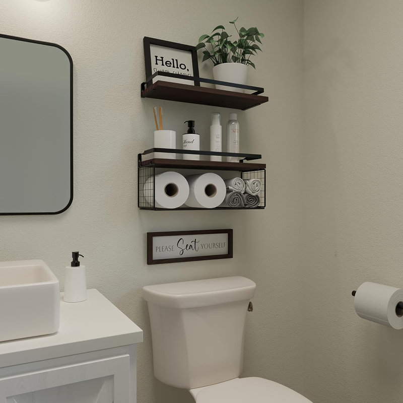 Floating Shelves with Wall Décor Sign, Bathroom Shelves Over Toilet with Wire Storage Basket, Wood Wall Shelves with Protective Metal Guardrail