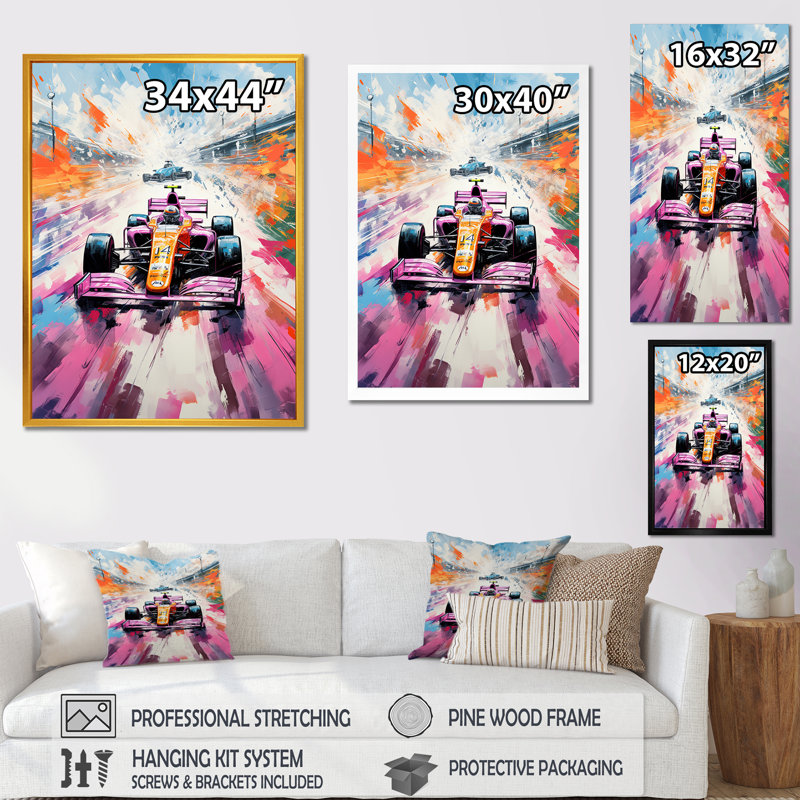 Popart Formule voiture sur la piste de course I - Art mural, Cadre photo noir, H 40 po x l 30 po x P 1,5 po