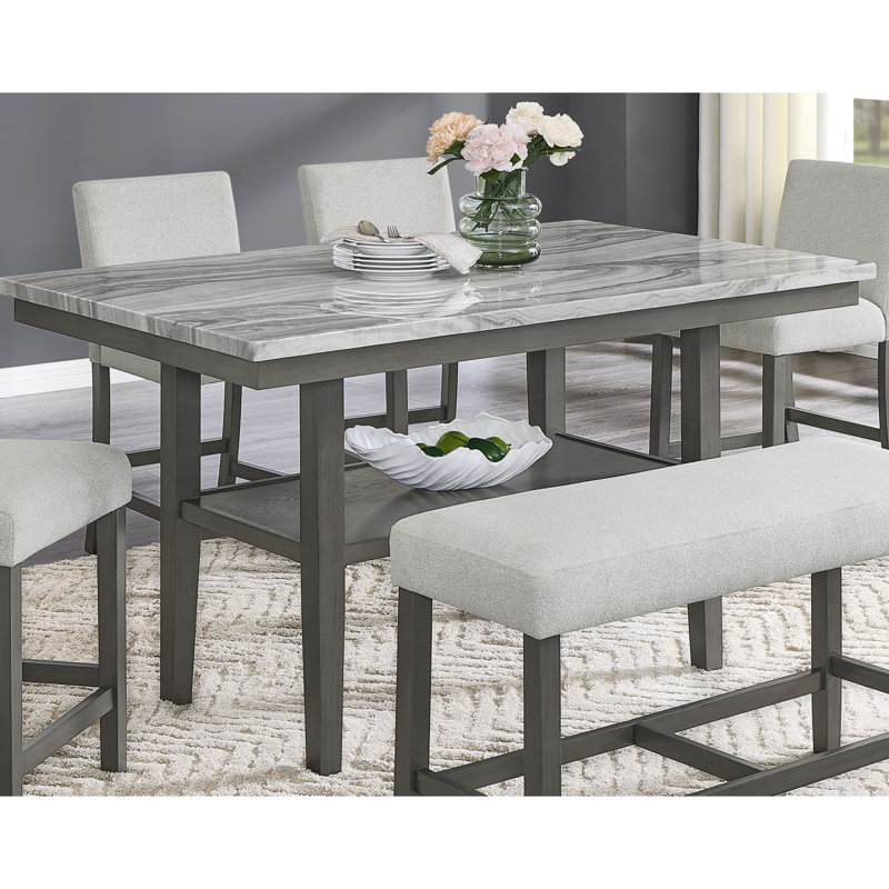 Selena 60" Rectangular Gray Faux Marble Counter Height Table With Storage Shelf & Gray Wood Legs, 37"H x 60"L x 36"W