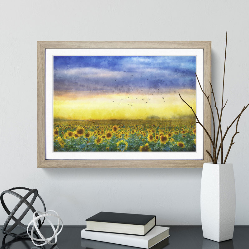 Flock of Birds Above Sunflowers - Picture Frame Graphic Art Print, 24cm H x 33cm W x 2cm D, Oak Framed