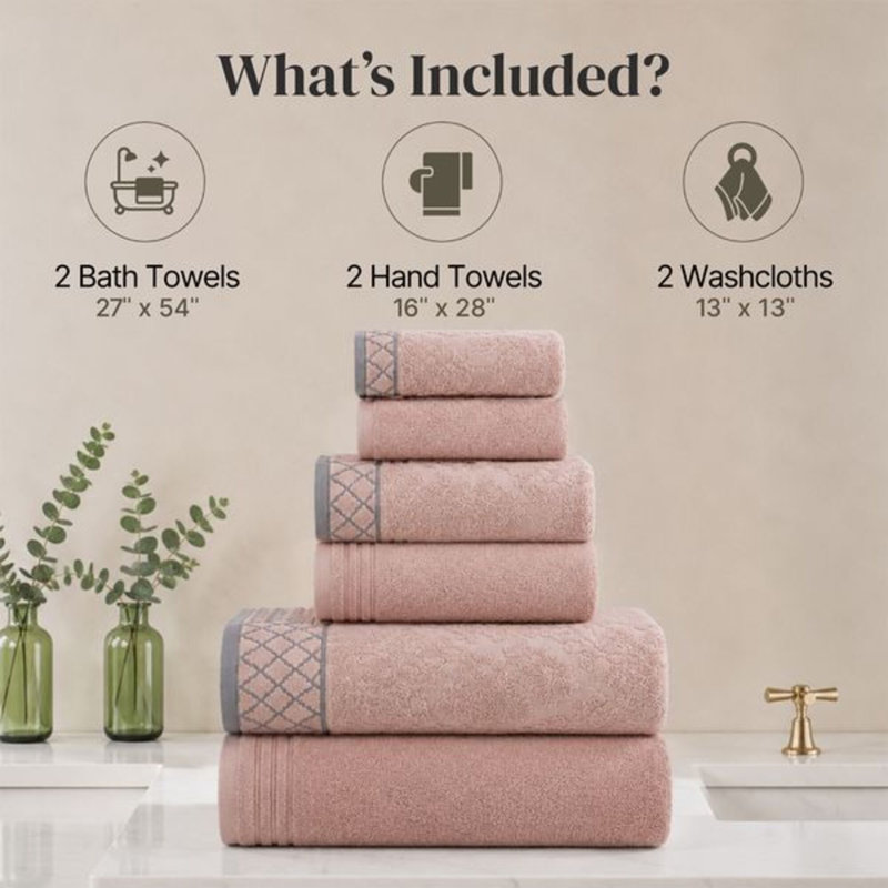 Modern Threads 6-Piece Damask Jacquard/Solid Ultra Soft 550GSM 100% Combed Cotton Towel Set with Embellished Borders, Peach