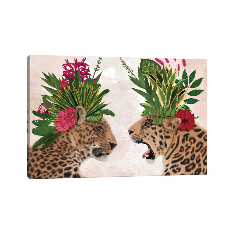 Hot House Leopards, Pair, Pink Green 1 Piece Wrapped Canvas Wall Art, 20.32 cm H x 30.48 cm W