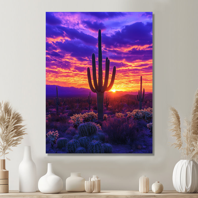 Margarite, désert, cactus au coucher du soleil I - Cactus, art mural, H 44 po x l 34 po, Toile tendue, Ne s’applique pas