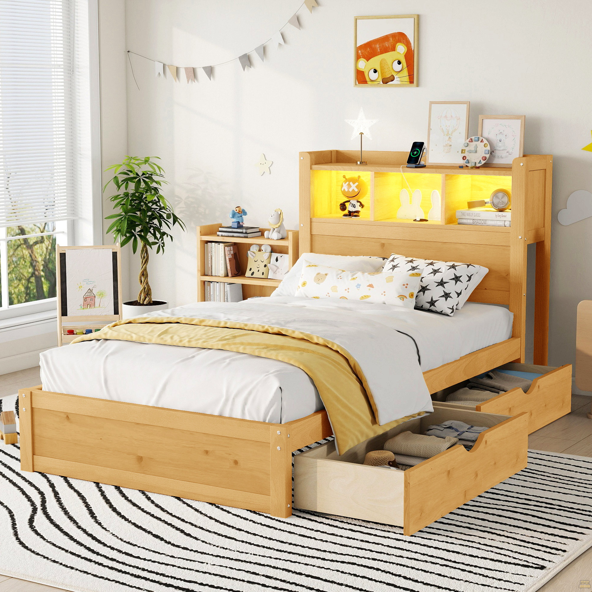 Ebern Designs Twin Size Bed With Drawers, Wood Twin Bed With Storage ...
