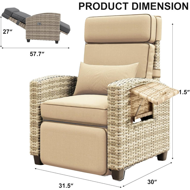 Fauteuil inclinable d'extérieur avec dossier et repose-pieds réglables à 145 °, coussin amovible, table d'appoint rabattable, osier en polyéthylène résistant aux intempéries et structure en acier pour piscine, terrasse et balcon