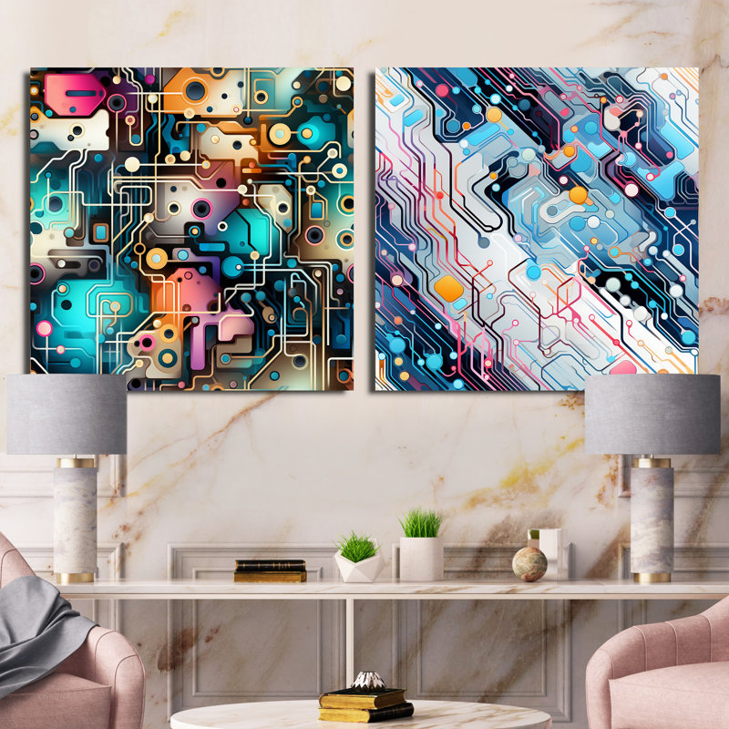 Techno Matrix Futuristic Dreams Edm Pattern - Abstract Collages Square Collage Set Of 2, Wrapped Canvas, 16" H x 33" W