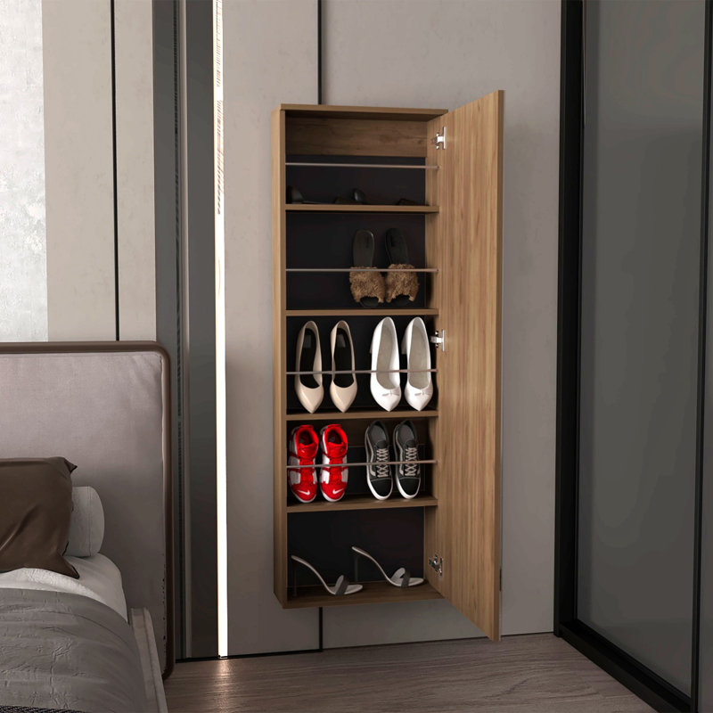 Étagère à chaussures murale H 54 po, un miroir, une porte, cinq tablettes de rangement internes, capacité approximative pour dix chaussures