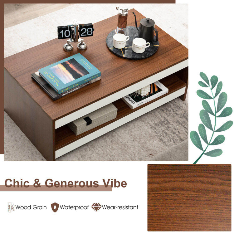 Modern Walnut and White Rectangular Coffee Table with Storage Shelf
