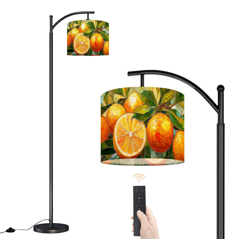 Lampe sur pied à arc avec abat-jour réglable oranges vives Lampe sur pied 3 températures de couleur à intensité variable avec interrupteur au pied pour chambre à coucher