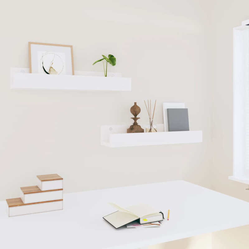 Wall Shelves 2 Pcs Solid Wood Pine, White, 9cm H x 50cm W x 12cm D