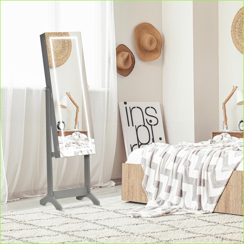 Armoire à bijoux autoportante avec lumières DEL, miroir pleine grandeur verrouillable et amp; 4 angles réglables | Gris | Panneau de fibres à densité moyenne + verre